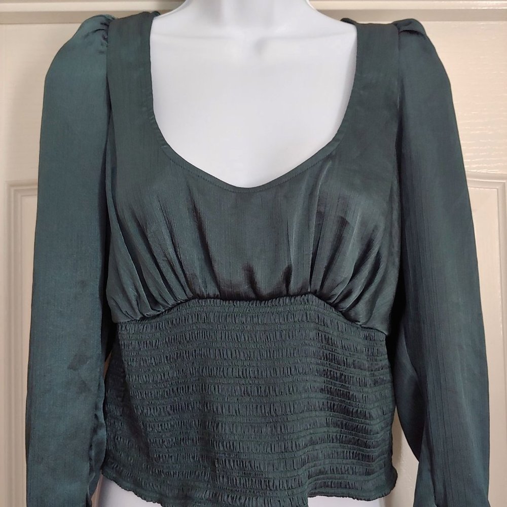 Free People Smocked Silky Green Long Sleeve Top Large